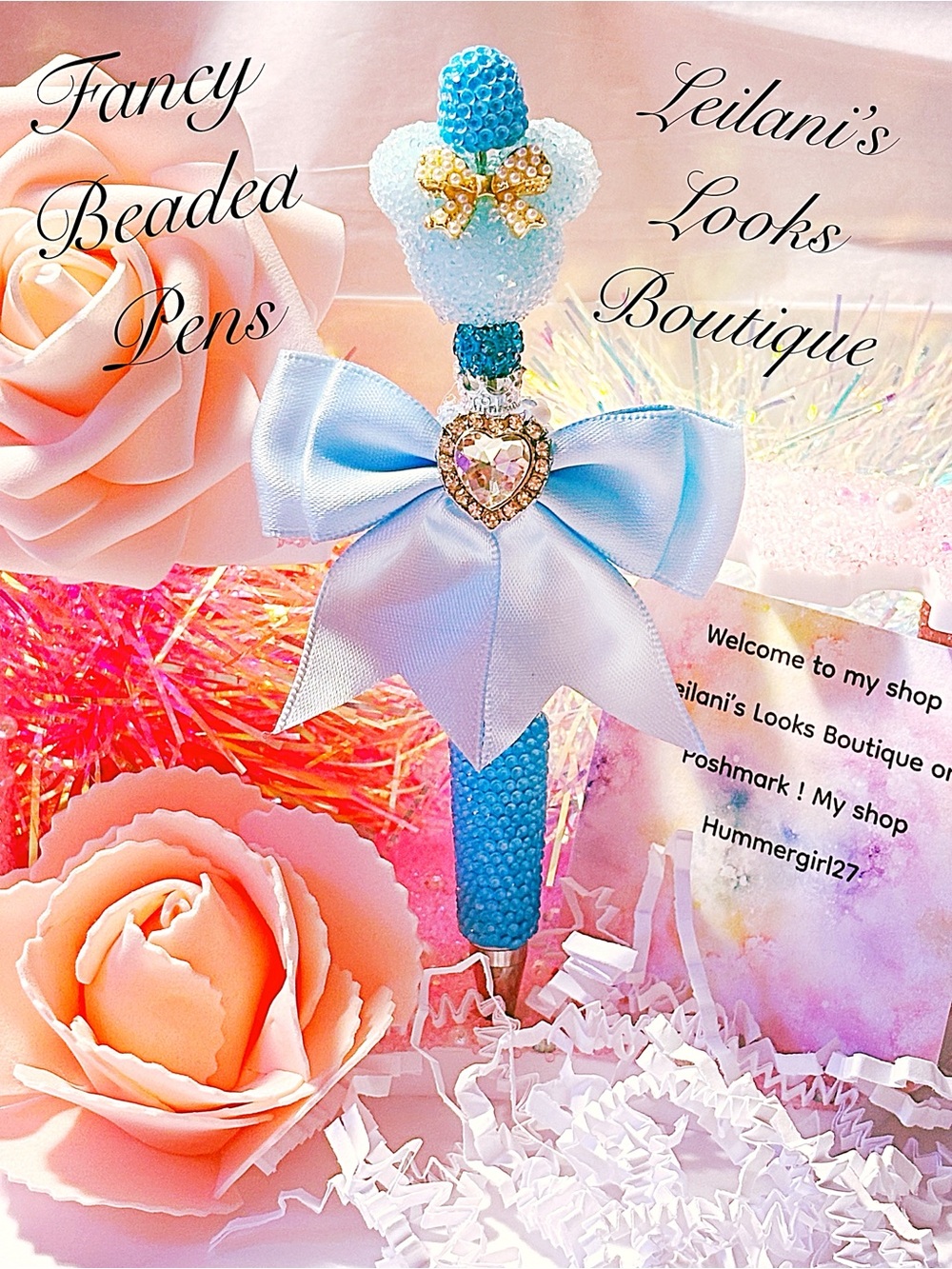 Fancy Beaded Blue Bow Pen/Fancy beaded Pen/gifts/Minnie mouse/yellow bow